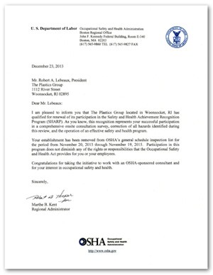 Plastics Group of America (TPG) Recognized for 17th Consecutive Year with OSHA’s SHARP Award